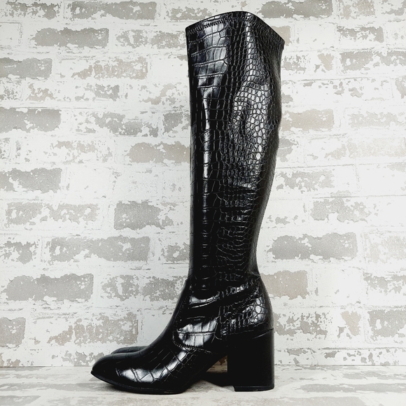 New Franco Sarto Talfer Wide Calf Knee High Faux Leather Black Croc Boots X134